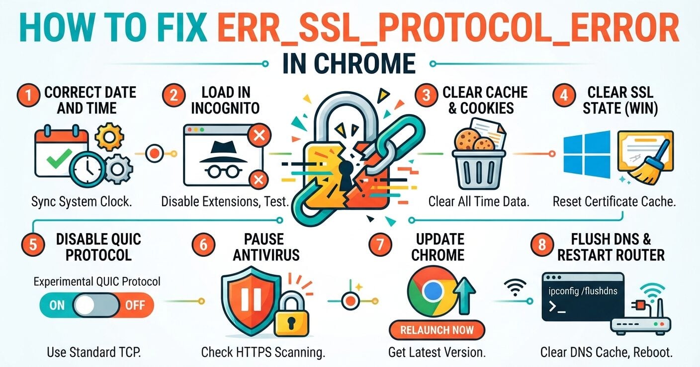 Chrome ERR_SSL_PROTOCOL_ERROR fix steps for resolving SSL and TLS connection errors.